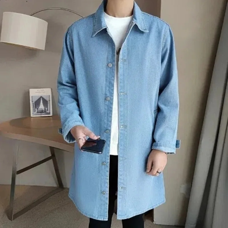Medium length denim windproof jacket mens spring and autumn casual trench coat Korean fashion solid loose trendy 240824