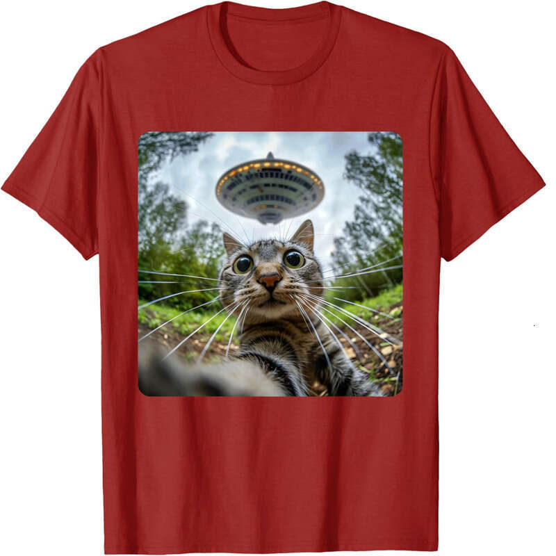 Fashion T shirt Mens Extraterrestrial Encounter: Cat Selfie with Alien UFO T-Shirt shirts tshirt graphic tee Casual tops summer clothes Short sleeve F