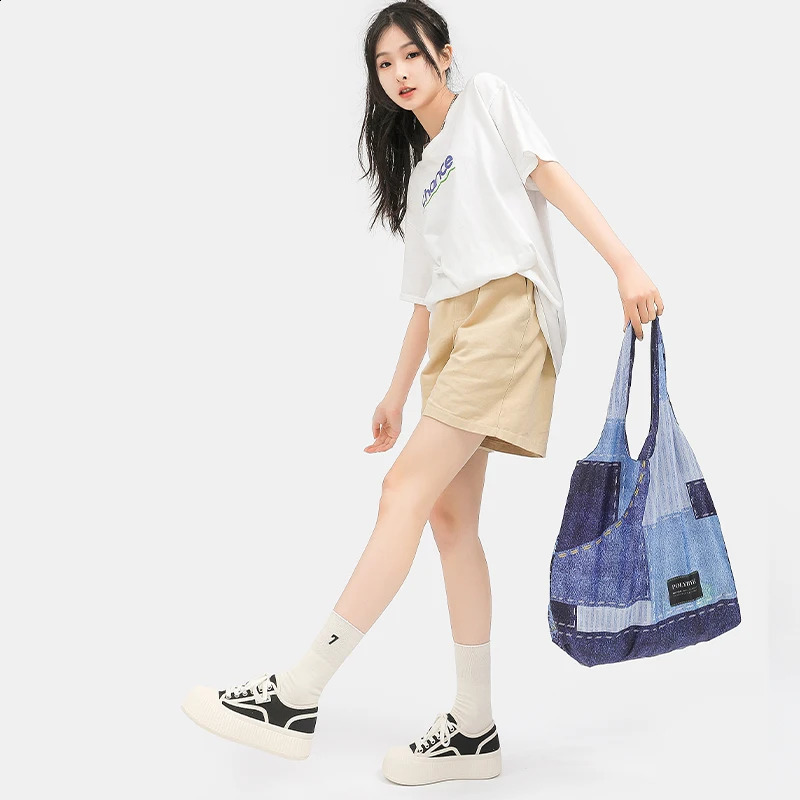 Polybye ultra lightweight reusable handbag environmentally friendly recycled polyester folding shopping bag handbag grocery bag denim 240805