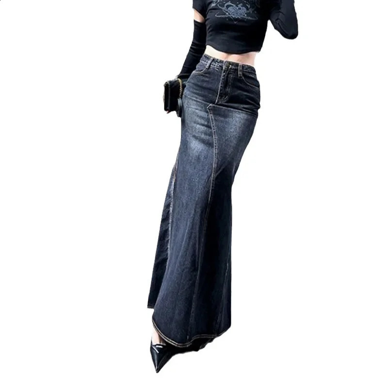 Autumn/winter Vintage High-waisted Denim Skirt Womens Hip-hugging Long Skirt Split-line Curved 240805