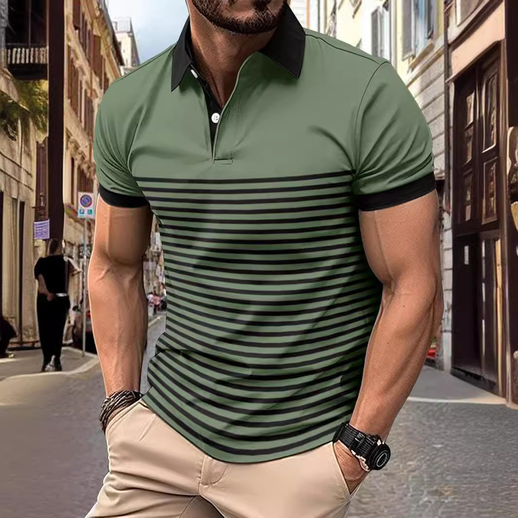 Fashion Polo Cedar Stripe Printed Casual V-neck Button Short Sleeve Men's Comfortable Shirt Top Summer