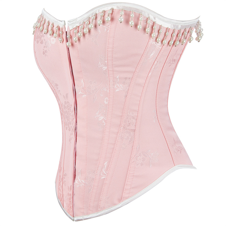 Women Pink Brocade Jacquare Overbust Corset with Pearl Beaded Tassels Fashion Shapewear Elegant Christmas Showgirl Clubwear Shaper
