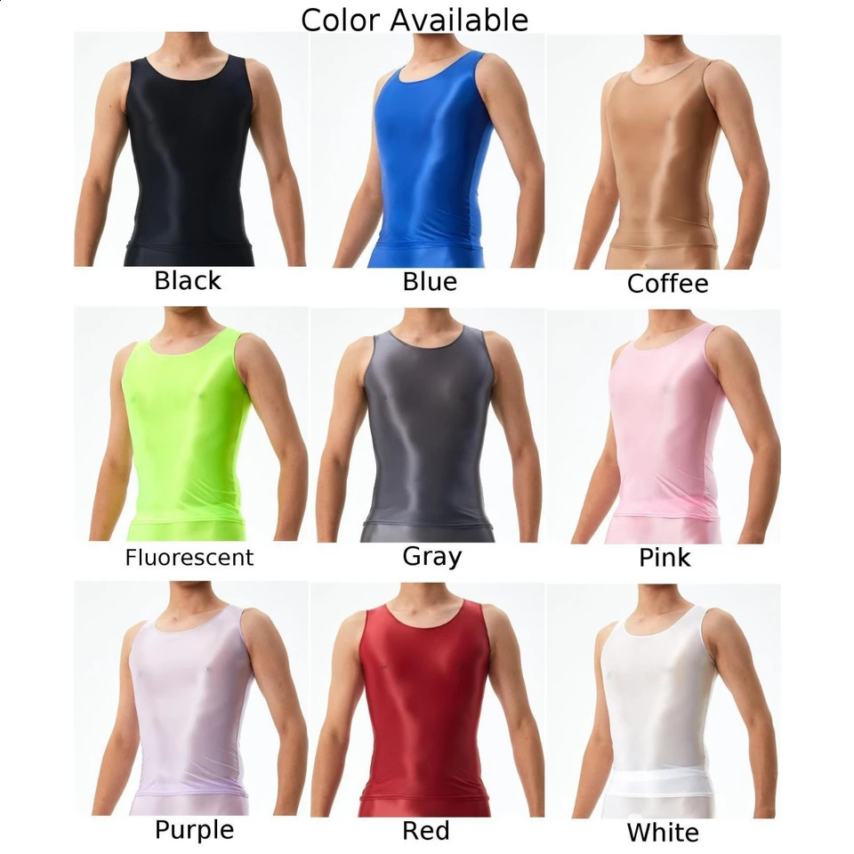 Mens Seamless Elastic Tops Oil Shiny Sleeveless Smooth Solid Tank Top Tights Male ONeck Widely Applicable Running Undershirt 240819
