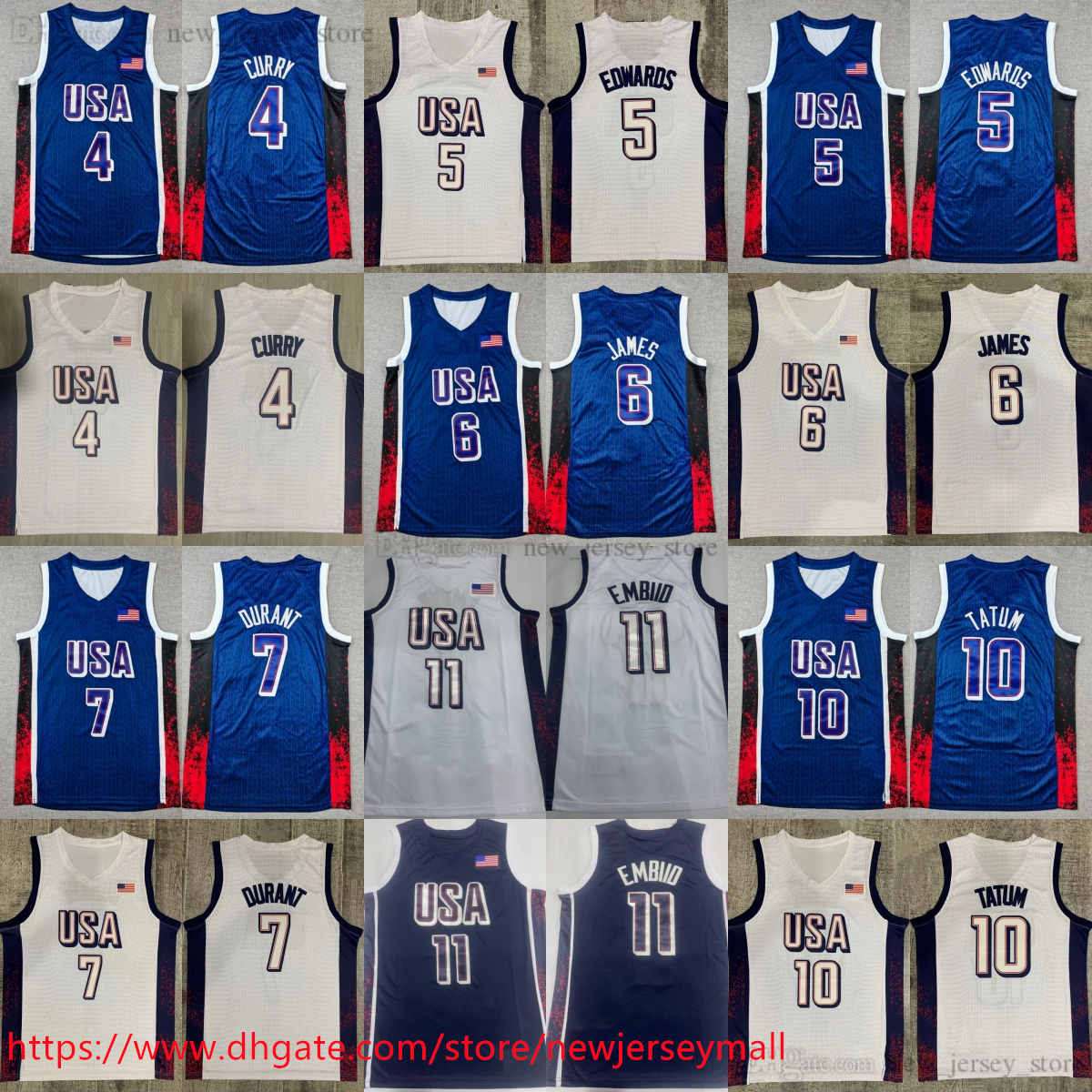 2024 Team USA Stitched Basketball 6 LeBron James Jerseys Blue White 4 Stephen Curry 5 Anthony Edwards 7 Kevin Durant Jayson Tatum Joel Embiid Tyrese Haliburton Jersey
