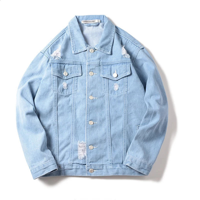 Autumn and winter mens denim jacket casual fashionable hole loose Ruffian bicycle 240824