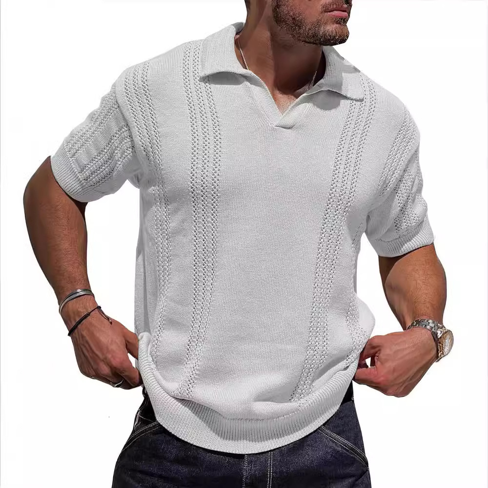 Summer new fashionable knitted polo shirt short sleeved V-neck loose solid color hollow out men's top
