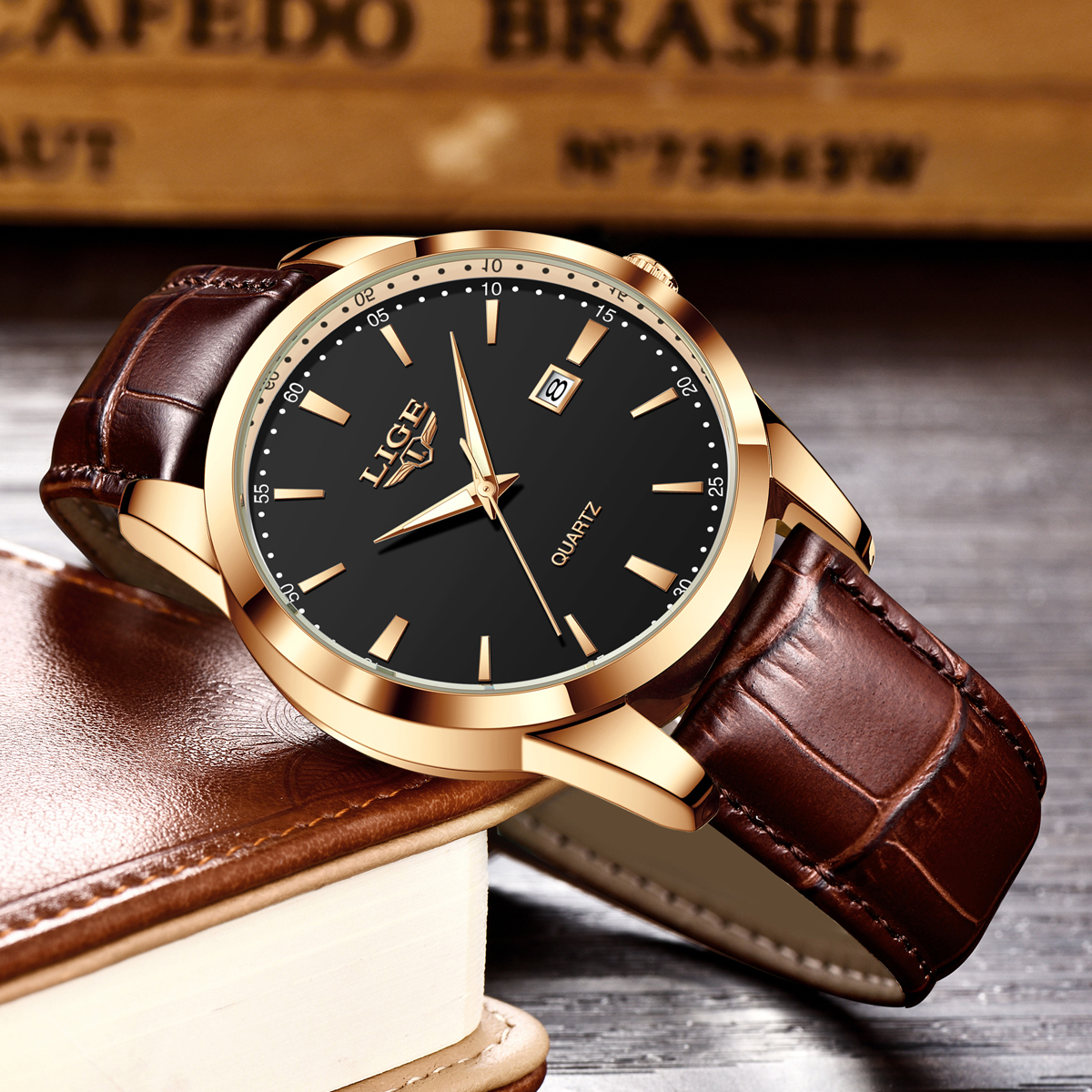 LIGE Men's Business Quartz Watch Premium Brand Watch Premium Leather strap Classic dial Men's Waterproof Watch Three pin calendar watch Holi