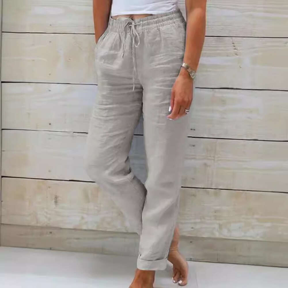 2024 Summer Elastic Waist Solid Color Cotton Hemp Wide Leg Loose Pants Womens Wear Cotton Trousers Straight Tube Plaid Trousers Overalls Gold Velvet P