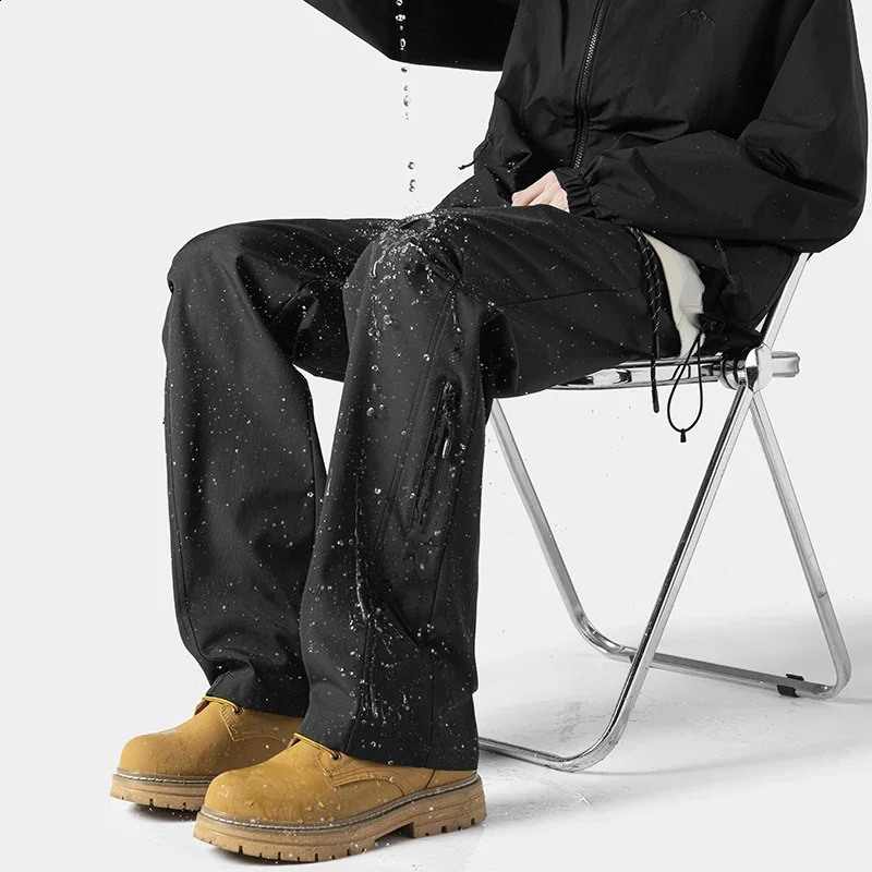 Retro Functional Wind Waterproof Casual Pants Solid Color Straight Punch Pants Male Hip Hop Sports Pants Quick Dry Lightweight 240805