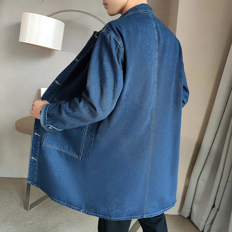 Medium length denim windproof jacket mens spring and autumn casual trench coat Korean fashion solid loose trendy 240824