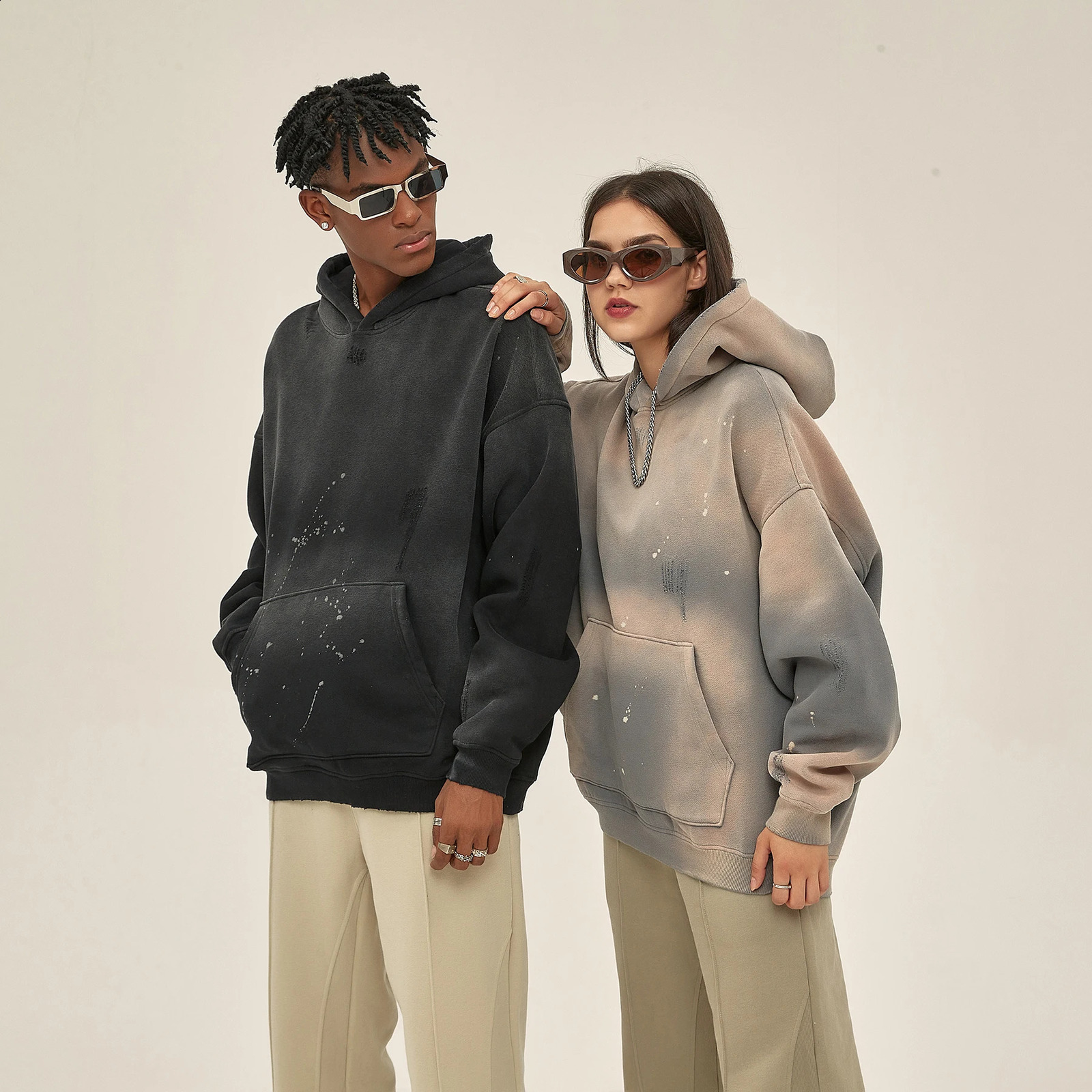 Street Wear Speckled Ink Rubbed Hooded Hoodies Fashion Sense Distressed Winter Coat Mens and Womens Baggy Washing Clothes 240805