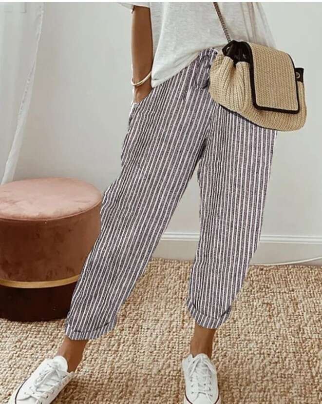 2024 Summer New Striped Casual Pants Loose Elastic Waist for Women Cotton Trousers Harlan Sweatpants Overalls Nine Points and Sweat Pants Unisex