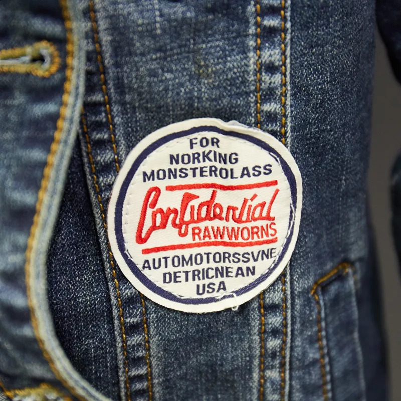 Mens badge patch blue stretch denim jacket street clothing work jeans torn 240824