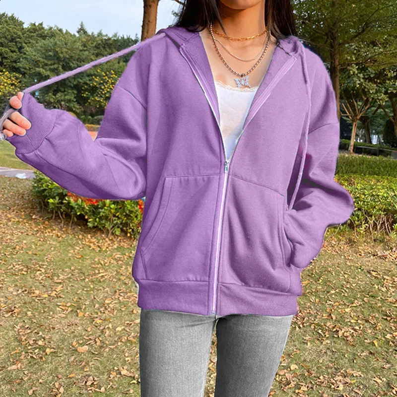 Sweatshirt Hoodie Oversize Hooded Cardigan Sweatshirts Gray Women Clothes Solid Zip Up Hoodies Autumn Women Tops Long Sleeves 240805