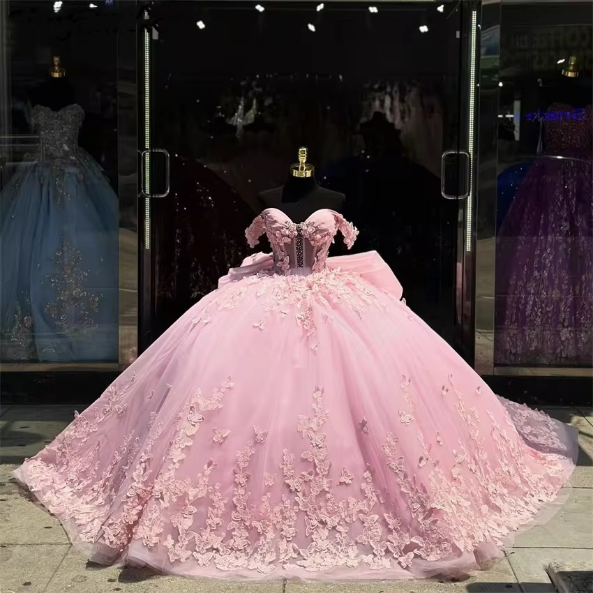 2025 SExquisite Pink Princess Quinceanera Dresses Ball Gown Off Shoulder Butterfly Applique Beads Crystals Vestidos De 15 Anos Bow