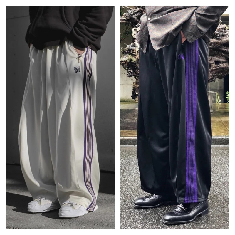Fashion Nee dles Butterfly Embroidery Striped Sweatpants Loose Casual Mens Womens Wide Leg Pants 240805