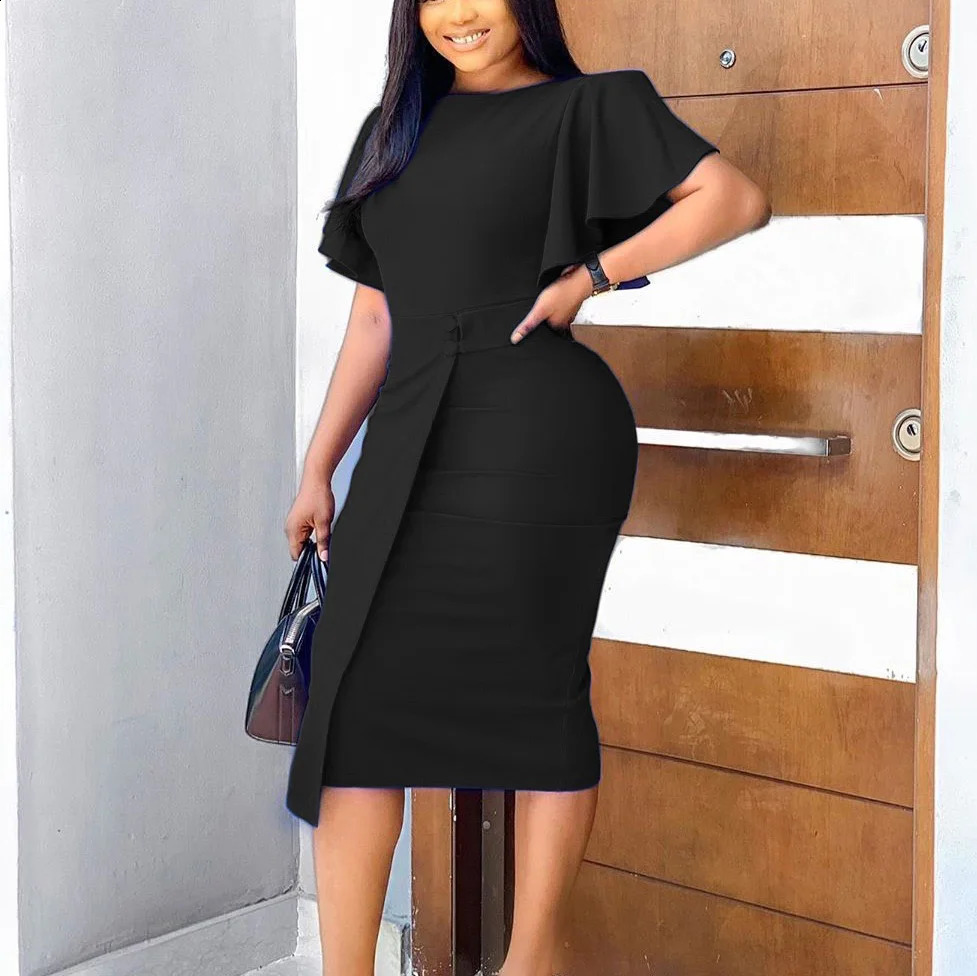 Office Dresses for Woman Elegant Stylish 2024 O Neck Ruffles Sleeve Buttons Sheath Mid Calf Professional Work Dress Midi 240805