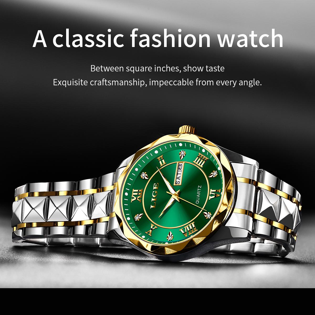 LIGE Men's Business Quartz Watch Premium Brand Watch Stainless Steel Diamond Strap Classic dial Men's waterproof watch Three pin calendar wa