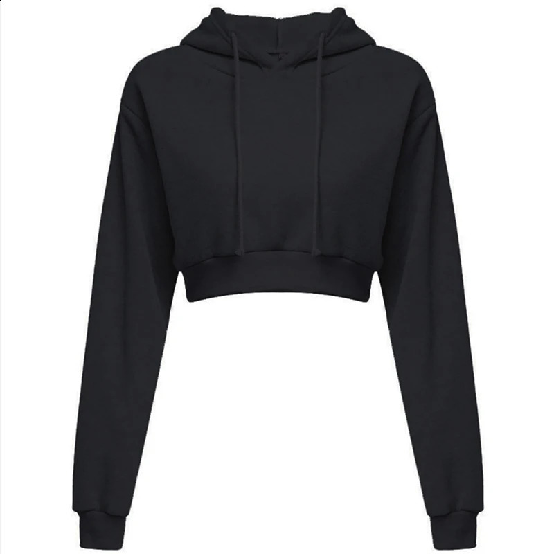 Sporty pullover Long sleeve casual open navel solid hooded Sweatshirt short top Hoodie sweater 240813