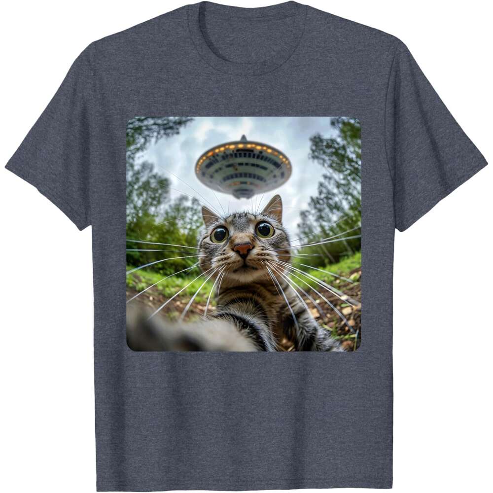 Fashion T shirt Mens Extraterrestrial Encounter: Cat Selfie with Alien UFO T-Shirt shirts tshirt graphic tee Casual tops summer clothes Short sleeve F