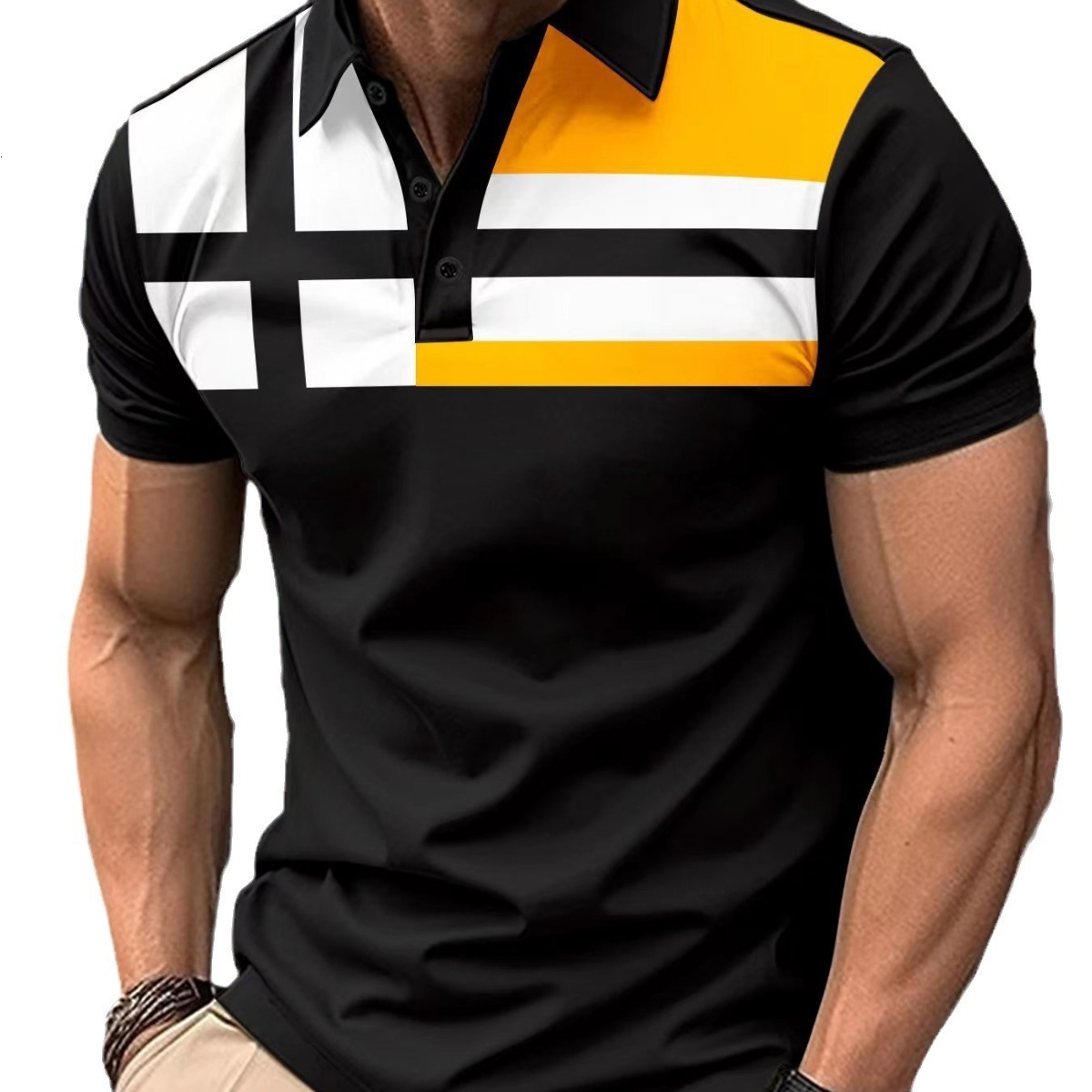 2024 short sleeved striped 3D printed Polo casual men's top