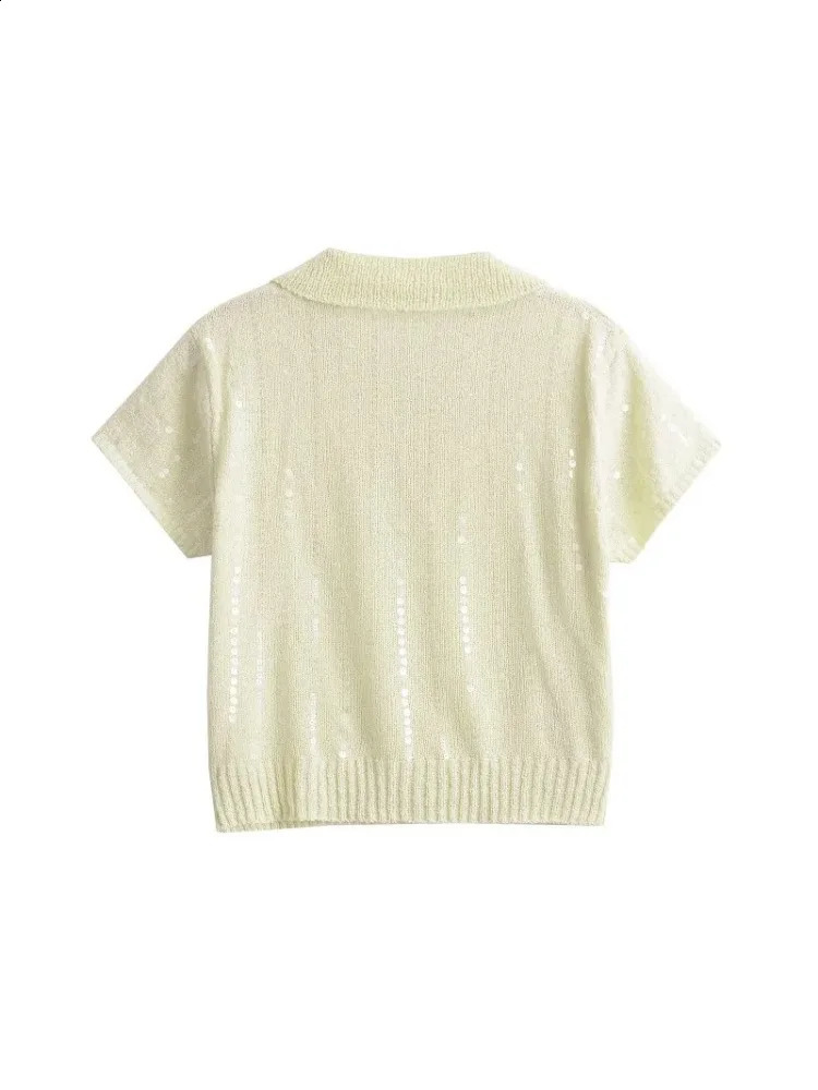 TRAF T-shirts for Women Knitted Sequins Tshirts Blouse Tops Summer Shirt Fashion Top Short Sleeve Buttons POLO Collar 240805
