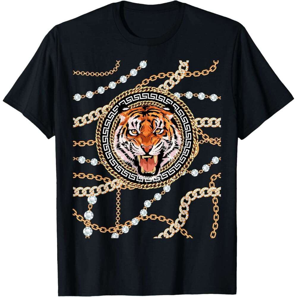 T shirt Mens Rich Wild Tiger with Printed Gold Chains Diamonds Style T-Shirt shirts tshirt graphic tee Casual tops summer clothes Short sleeve