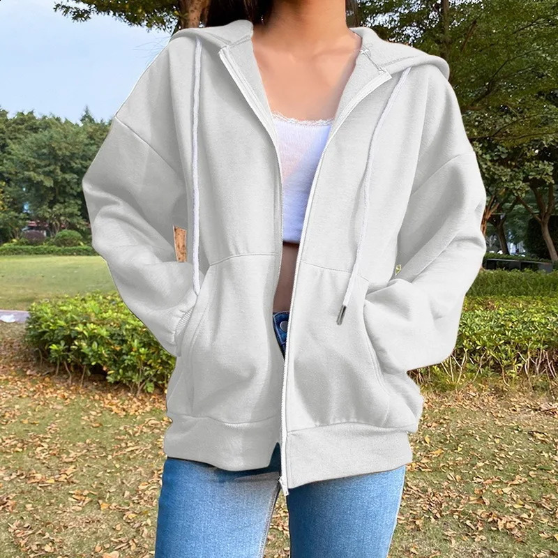 Sweatshirt Hoodie Oversize Hooded Cardigan Sweatshirts Gray Women Clothes Solid Zip Up Hoodies Autumn Women Tops Long Sleeves 240805