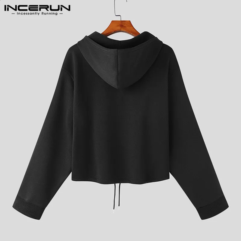 INCERUN Men Hoodies Solid Color Zipper Hooded Long Sleeve Streetwear Fashion Casual Sweatshirts Personality Crop Tops S-5XL 240805