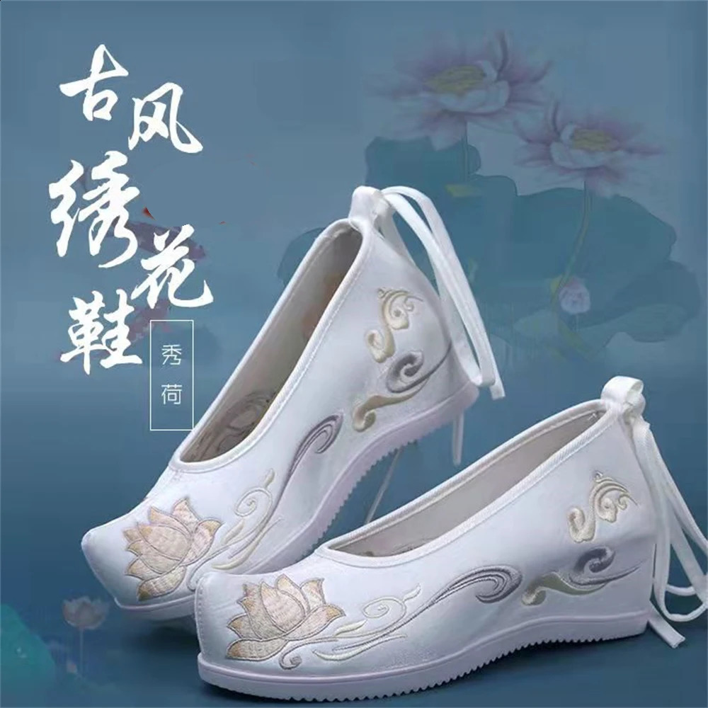 1 pair of Hanfu shoes womens ancient clothing cloth shoes ethnic style embroidery dance lace single hidden high heels girl gift 240802