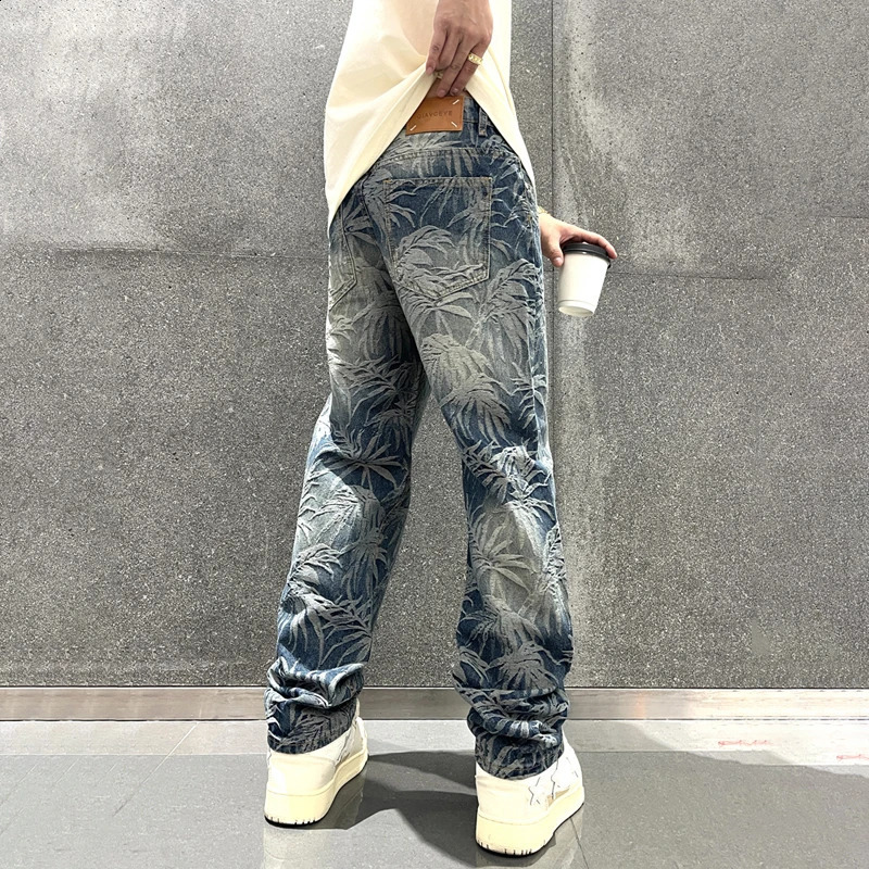Spring Mens Graphic Jeans Straight Leg Baggy Denim Outwear Loosen Fit Male Y2K Pants 240805