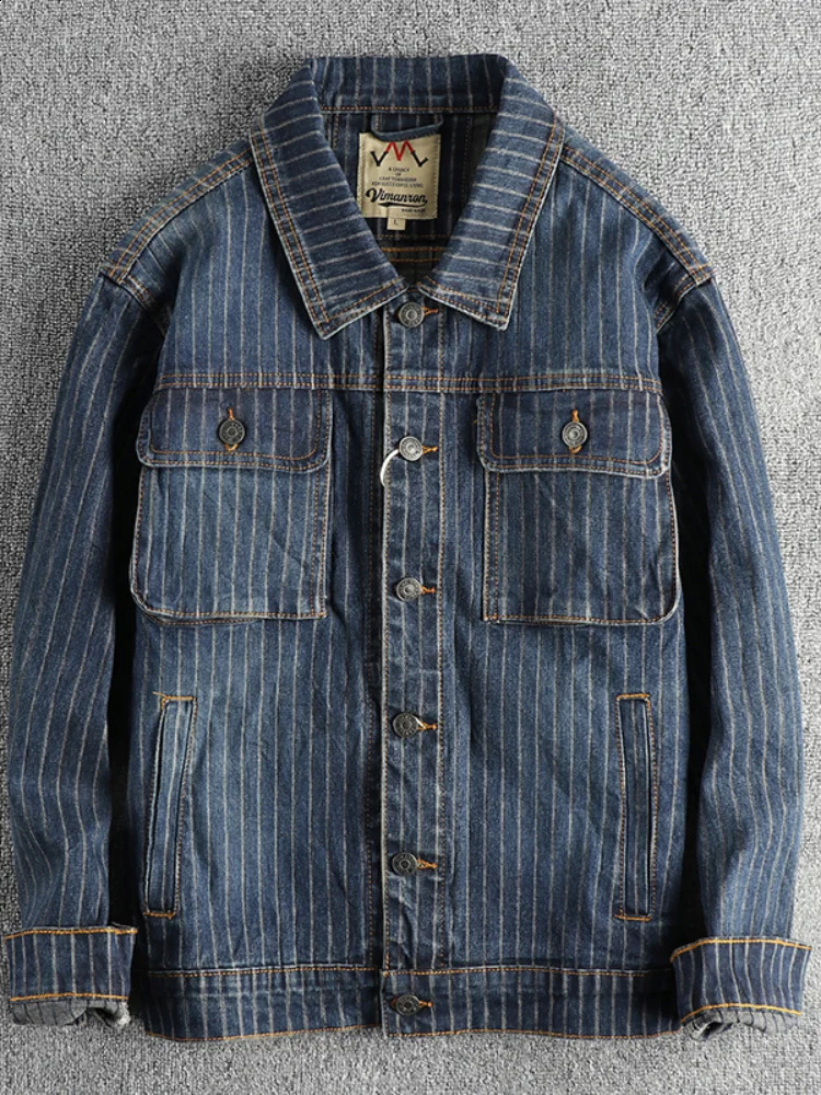 Autumn and winter American retro mens striped washed out casual denim jacket loose 240824