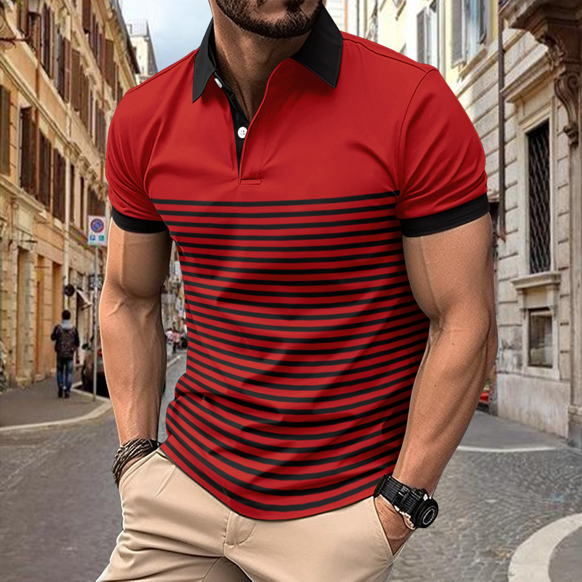 Fashion Polo Cedar Stripe Printed Casual V-neck Button Short Sleeve Men's Comfortable Shirt Top Summer
