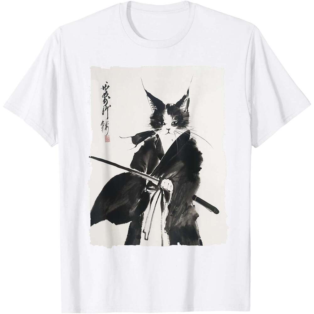 T shirt Mens Samurai Tee: Vintage Ukiyo-e Warrior Graphic Cat Art T-Shirt shirts tshirt graphic tee Casual tops summer clothes Short sleeve Free shipp