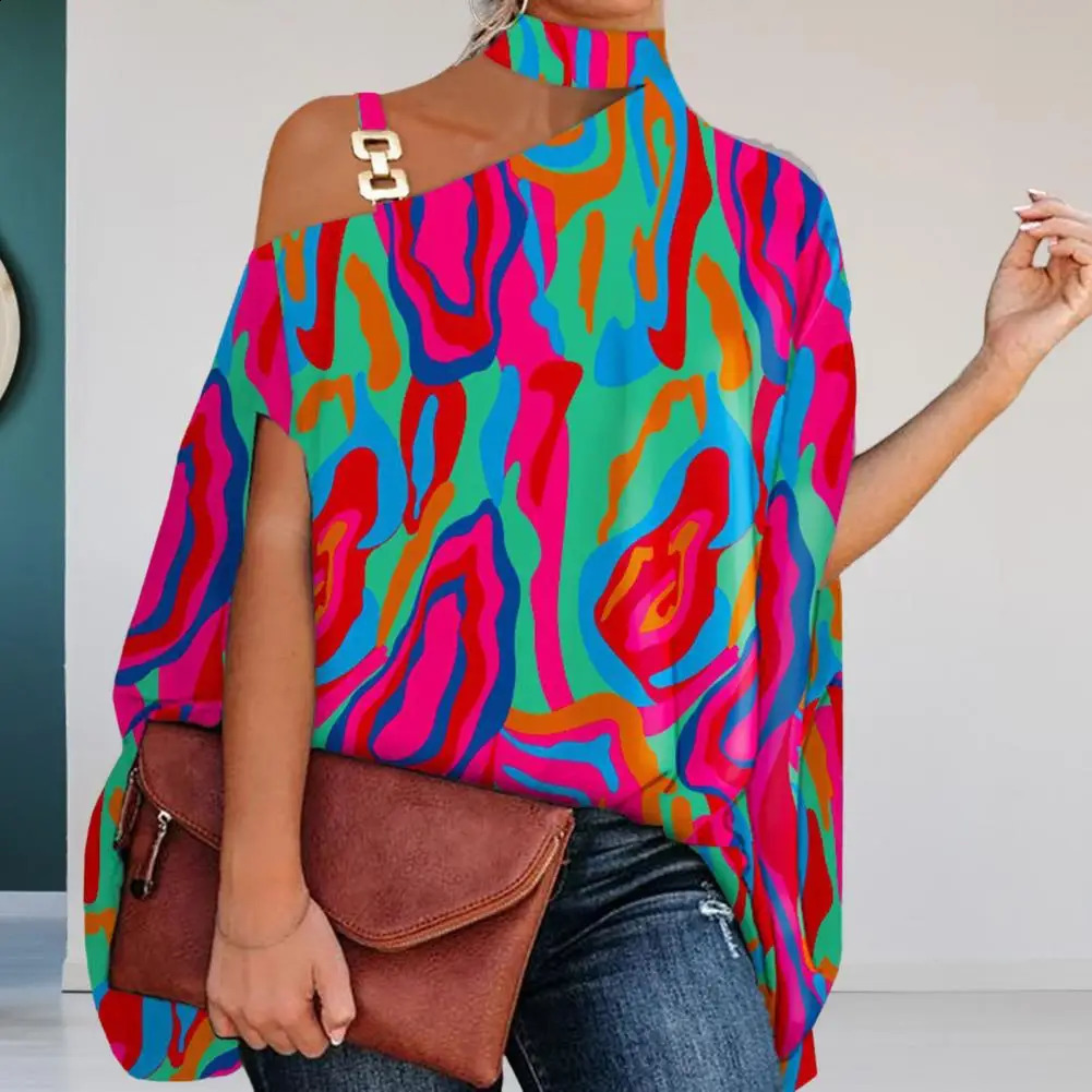 Elegant One-Shoulder Vintage Print Blouse | Autumn Loose Baggy Pullover Top B4