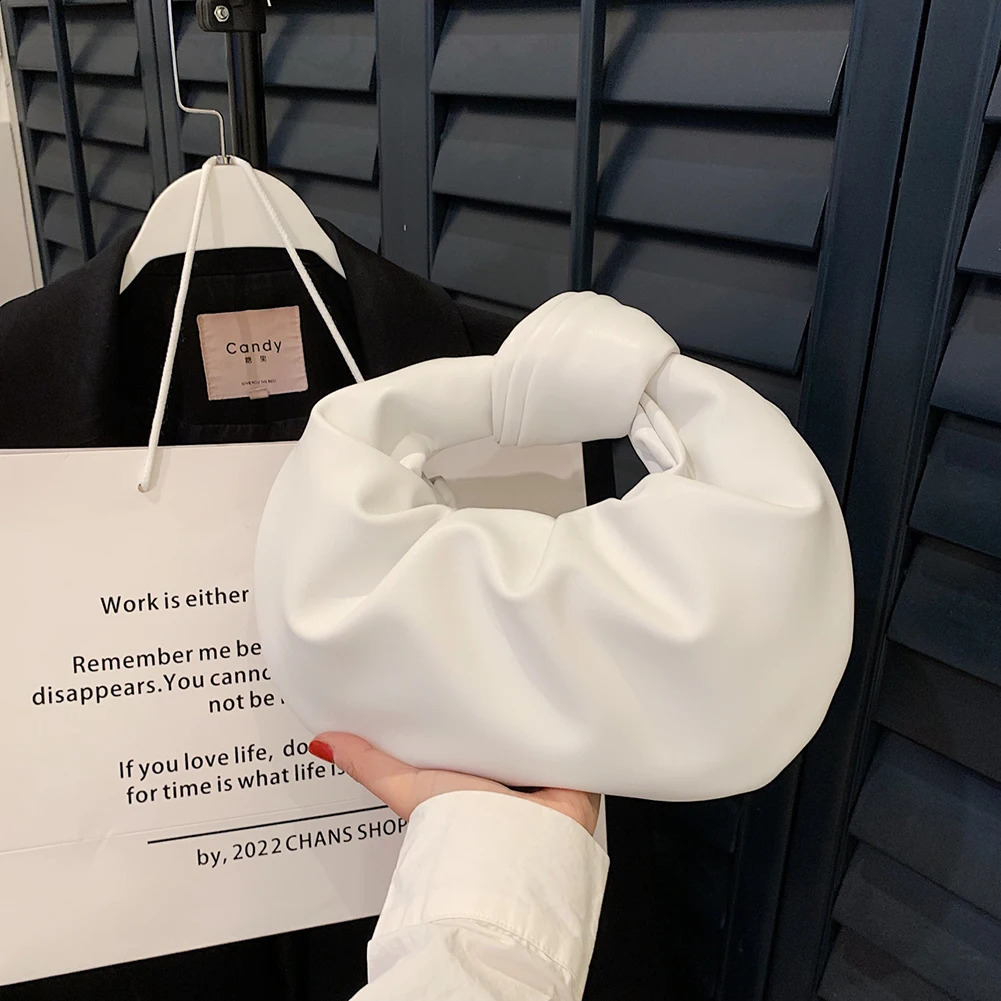 Women Small Knotted Handbags Solid Color PU Leather Knot Top Handle Bag Simple Cloud Wrist for Party Vacation 240802