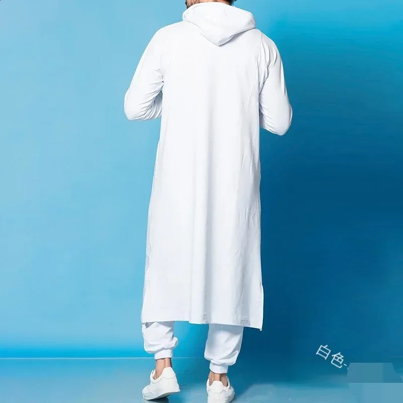 2024 Mens Casual Long Sleeve Pullover Hooded Drawstring Long Sweater Vintage Fashion Striped Pocket Robe 240805