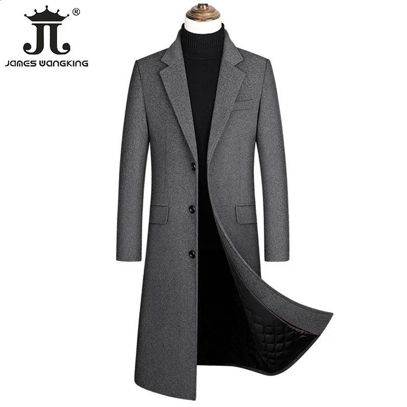 Autumn and Winter Boutique Woolen Black Gray Classic Solid Color Thick Warm Mens Extra Long Wool Trench Coat Male Jacket 240805