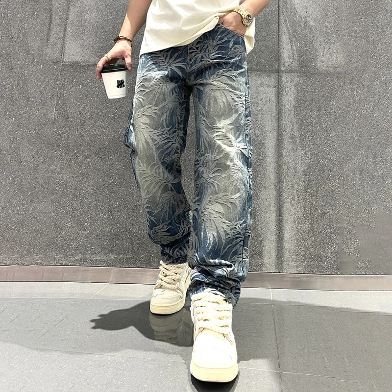 Spring Mens Graphic Jeans Straight Leg Baggy Denim Outwear Loosen Fit Male Y2K Pants 240805