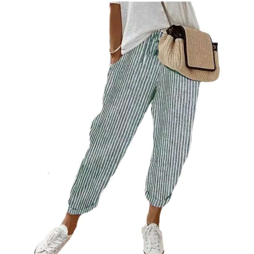 2024 Summer New Striped Casual Pants Loose Elastic Waist for Women Cotton Trousers Harlan Sweatpants Overalls Nine Points and Sweat Pants Unisex