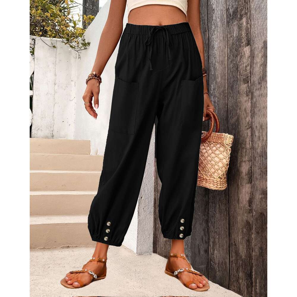 2024 Loose Fit High Waisted Buttoned Cotton and Linen Cropped Pants Wide Leg Womens Pants Straight Tube Waterproof Trousers Man Pants Trousers Cartoon