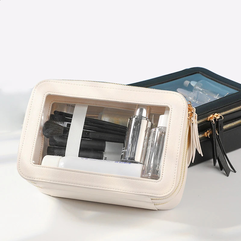 Double layer Saffiano leather makeup organizer toilet storage bag transparent PVC travel makeup bag 240805