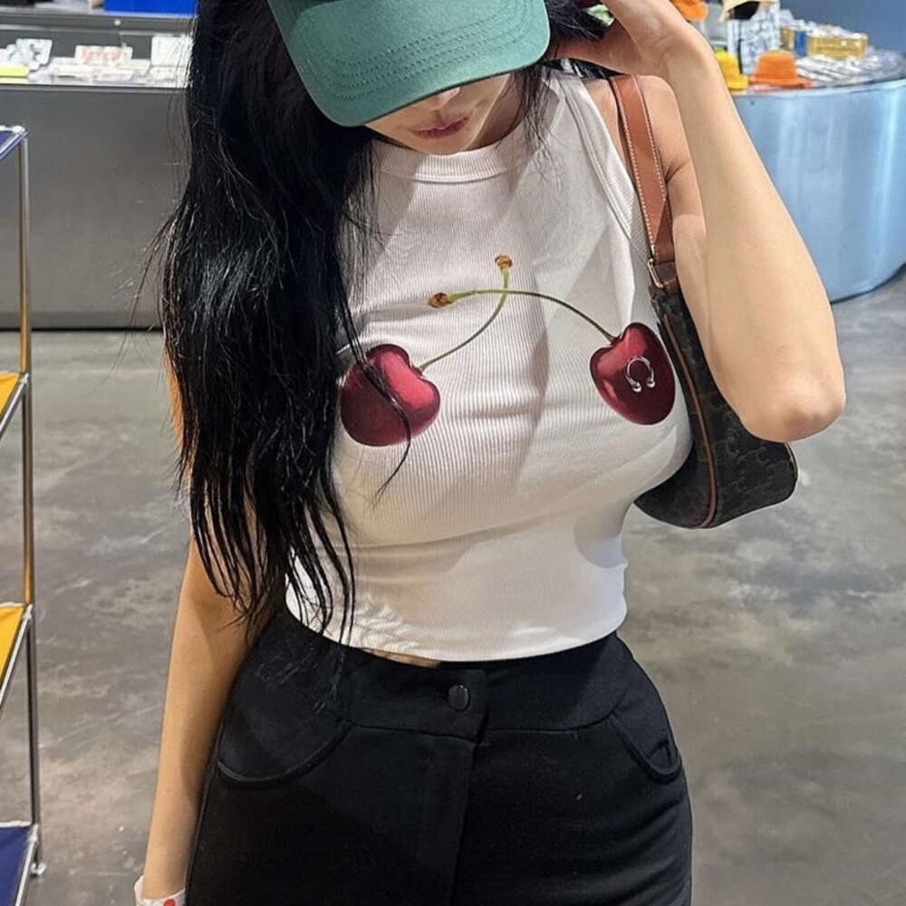 Fashionable new Y2K cherry ring nail print slim fit and slimming cover high street casual ins womens small vest