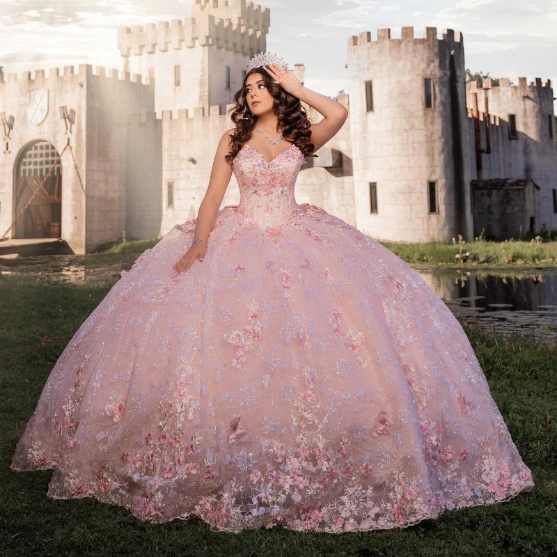 Luxury Pink Mexican Quinceanera Dressess Applique Lace Beads Tull Corset Prom Lace Up Sweet 16 vestido 15 quinceaneras
