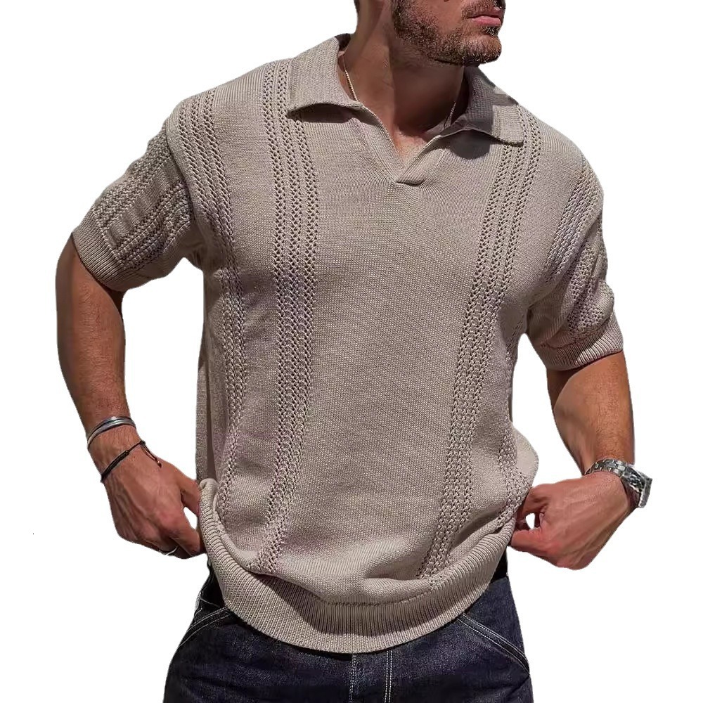 Summer new fashionable knitted polo shirt short sleeved V-neck loose solid color hollow out men's top