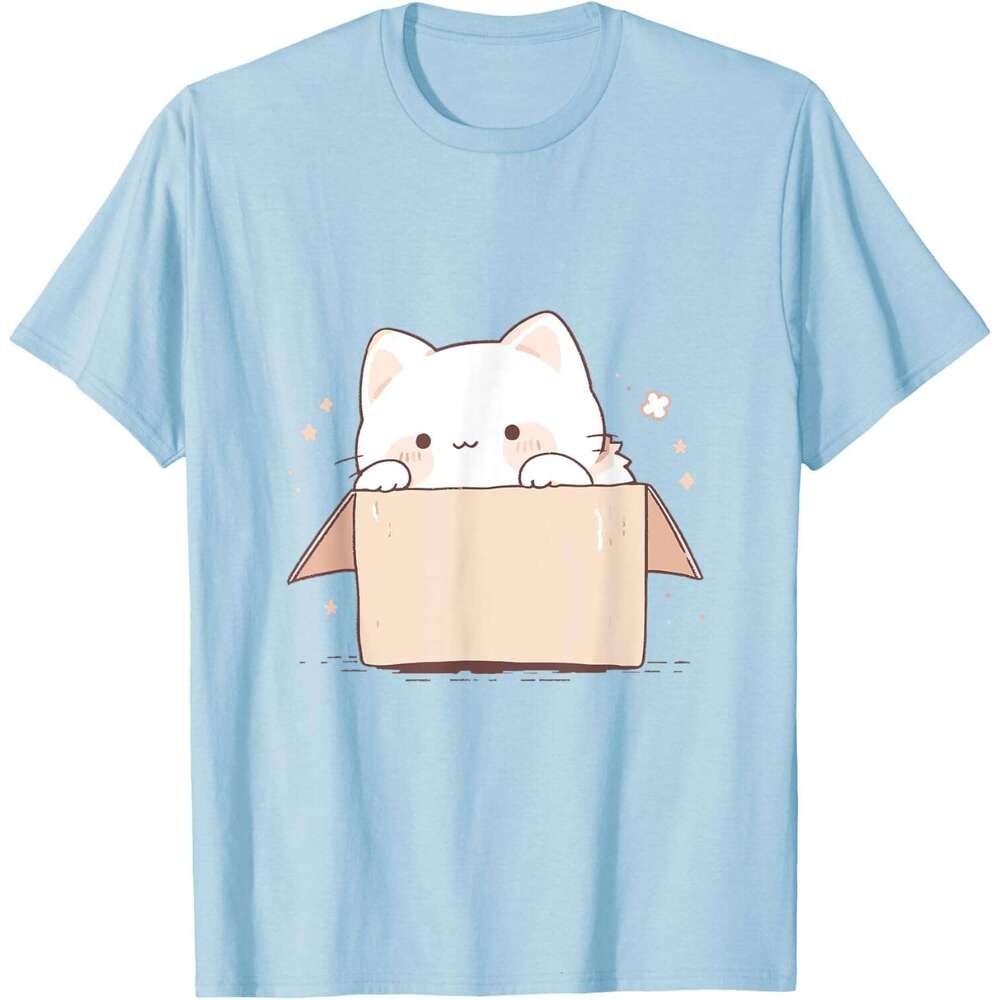 T shirt Mens Cute White Cat in a Box Japanese Kawaii Cartoon Graphic T-Shirt shirts tshirt graphic tee Casual tops summer clothes Short sleeve Free sh