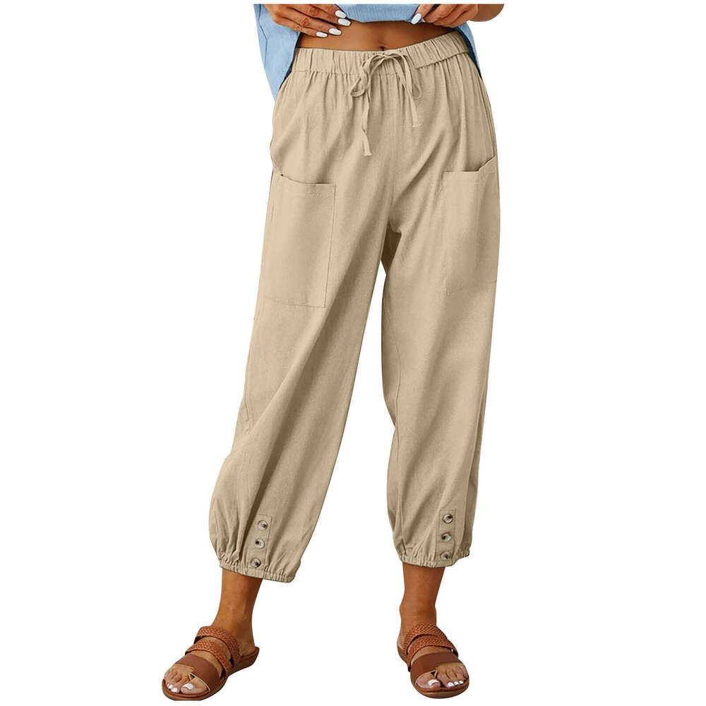 2024 New Loose High Waist Button Cotton Hemp Cropped Wide Leg Womens Pants Cotton Trousers Breathable Nine Points Sport Men Pants Cotton Gold Velvet P