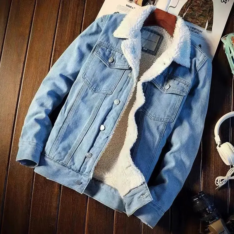 Plush lined denim jacket for men warm wool fashion pocket button mens 240824
