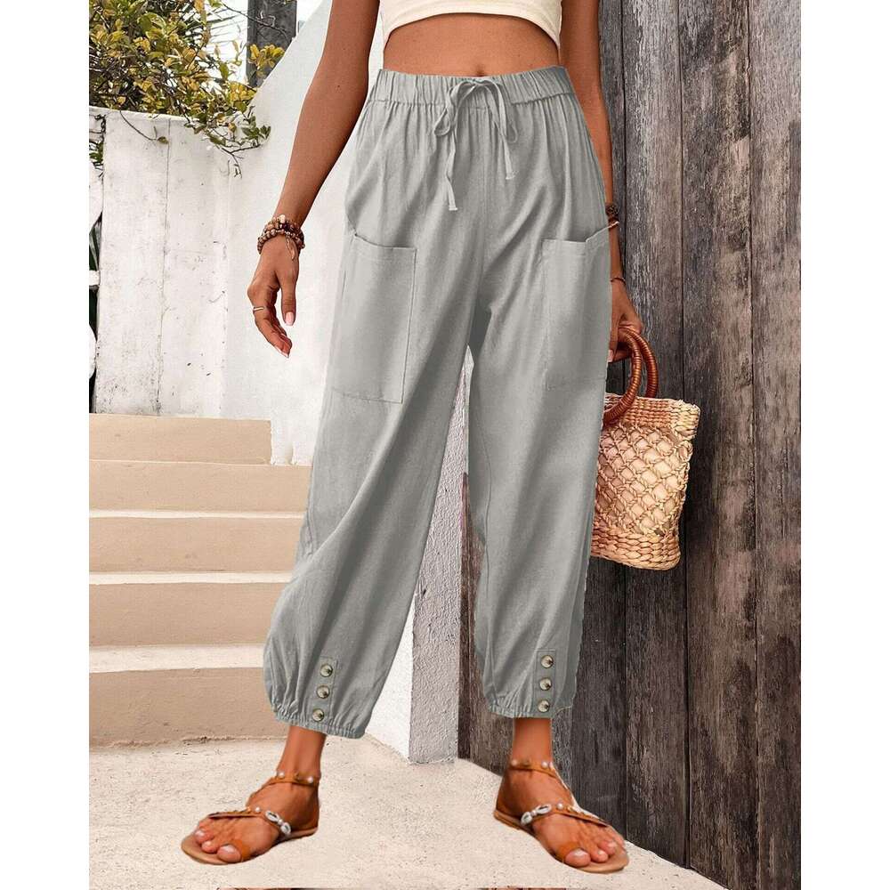2024 Loose Fit High Waisted Buttoned Cotton and Linen Cropped Pants Wide Leg Womens Pants Straight Tube Waterproof Trousers Man Pants Trousers Cartoon