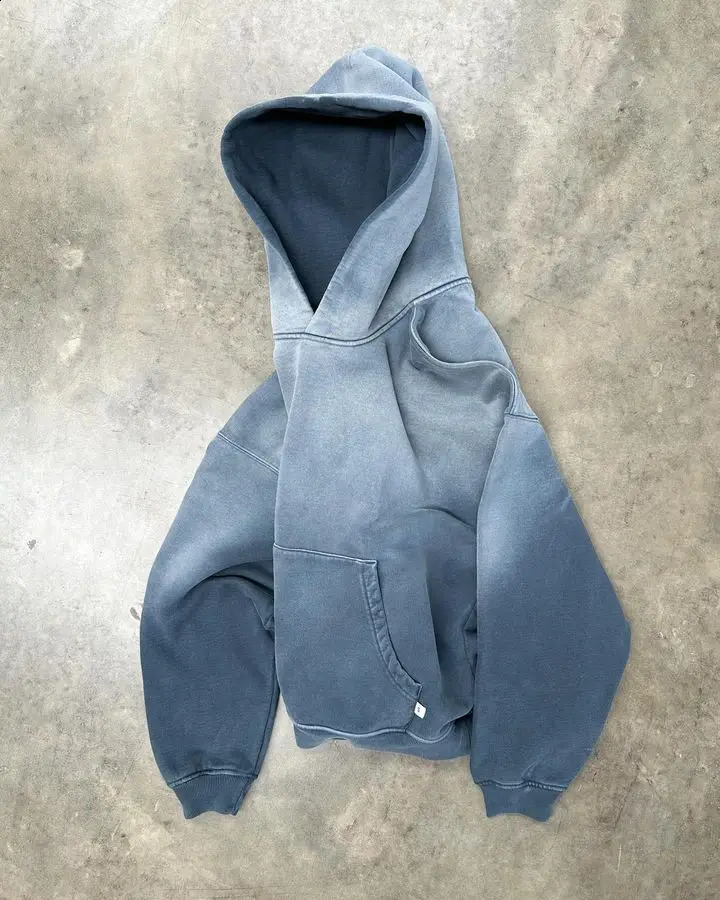 Retro Blue Tie Dye Washed Hoodie Gothic Punk Sweatshirt Men and Women Pullover Clothes Casual Loose Hoodies Tops Streetwear 240812